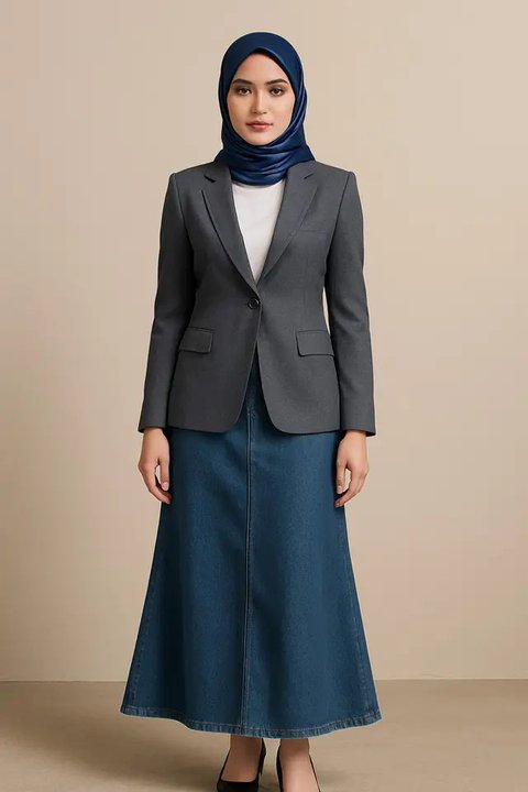 Setelan Blazer Oversize dengan Rok Plisket. (Liputan6.com/MetaAi)