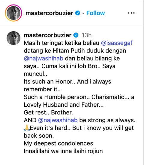 Deddy Corbuzier melayat ke rumah duka Najwa Shihab, semalam. Ia mengenang mendiang Ibrahim Assegaf sebagai pribadi karismatik dan rendah hati. (Foto: Dok. Instagram @mastercorbuzier)