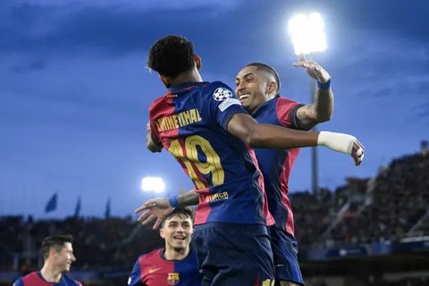 Menit ke-28, Blaugrana menyamakan skor setelah Lamine Yamal berhasil melesakkan bola ke gawang AS Monaco. (AP Photo/Laurent Cipriani)