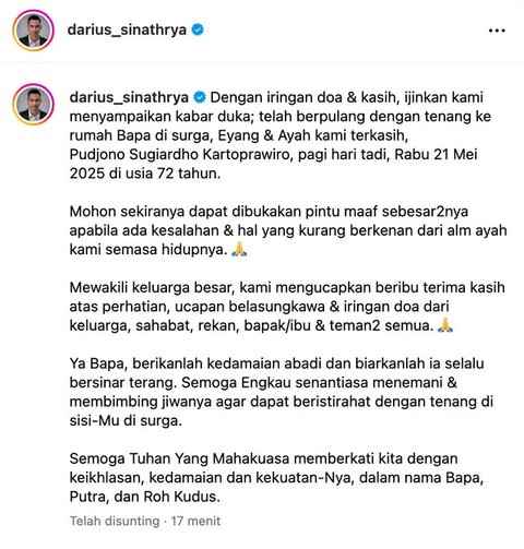Kabar duka datang dari Darius Sinathrya. Ayahnya, Pudjono Sugiardho Kartoprawiro meninggal dunia pada Rabu (21/5/2025), dalam usia 72 tahun. (Foto: Dok. Instagram @darius_sinathrya)