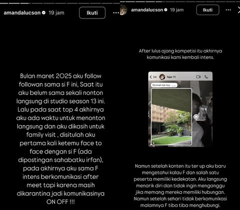 Merasa nama baiknya terseret, Amanda akhirnya unggah klarifikasi di Insta Story. Amanda mengaku kalau dia saling follow di IG dengan Fajar sejak Maret 2025 dan bertemu saat ia nonton top 4 Indonesian Idol. Setelah itu mereka jarang berkomunikasi karena Fajar masih karantina. Komunikasi&nbsp;