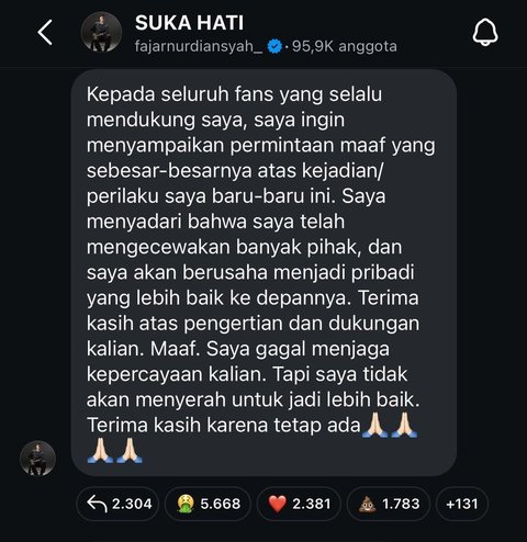 Fajar juga buka suara di IG dan meminta maaf atas perilakunya kepada penggemar yang sudah kecewa dengannya. Ia janji akan menjadi lebih baik dan berterima kasih kepada yang selalu mendukung. Gimana komentar KLovers soal ini?