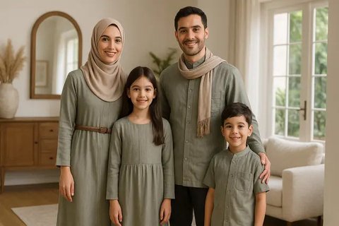 7 Ide Gamis Seragam Sekeluarga dengan 2 Anak, Kompak dan Elegan untuk Momen Spesial (sumber: AI)