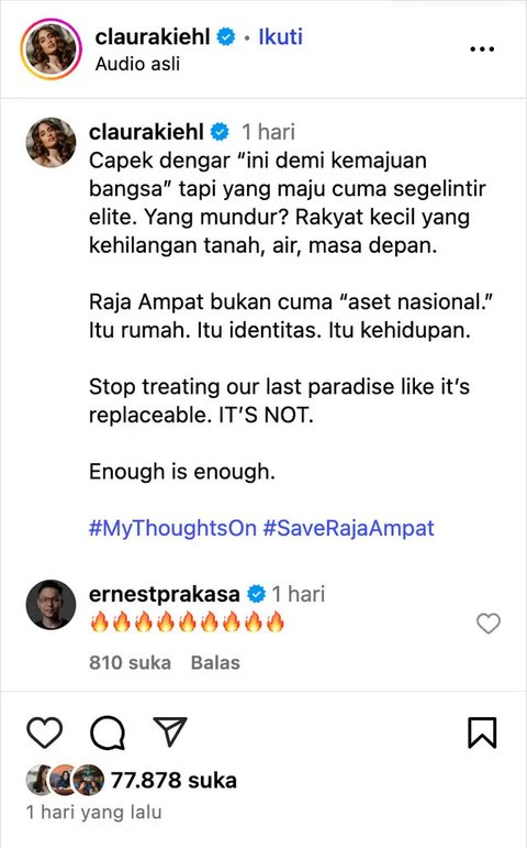 Cinta Laura mengingatkan Raja Ampat salah satu surga terakhir dunia, yang dianugerahkan Tuhan untuk Indonesia. Ia mengkritik tambang nikel di sana. (Foto: Dok. Instagram @claurakiehl)