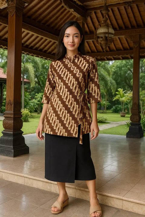 Gamis Batik Kombinasi Polos dengan Aksen Pita/Tali Pinggang. Foto: Meta AI