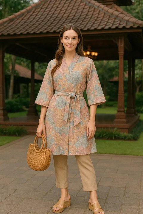 Gamis Batik Kombinasi Polos dengan Aksen Pita/Tali Pinggang. Foto: Meta AI