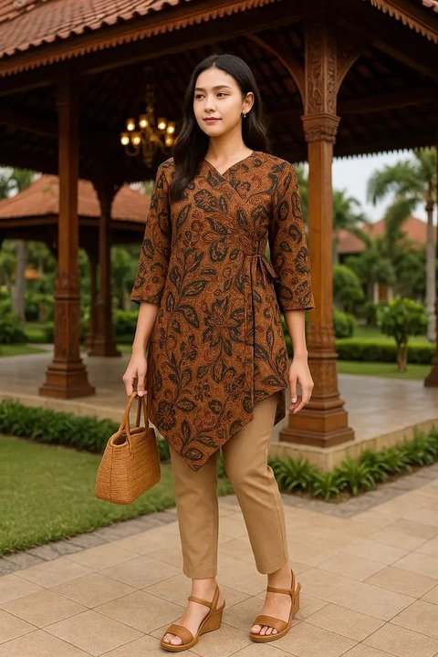 Gamis Batik Kombinasi Polos dengan Aksen Pita/Tali Pinggang. Foto: Meta AI