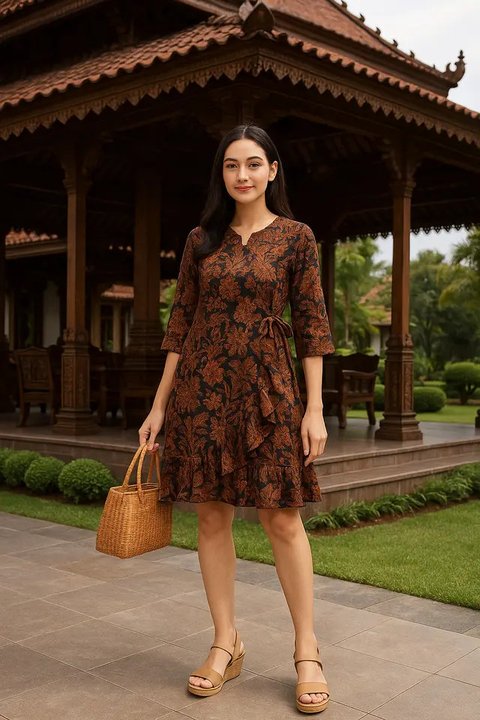 Gamis Batik Kombinasi Polos dengan Aksen Pita/Tali Pinggang. Foto: Meta AI