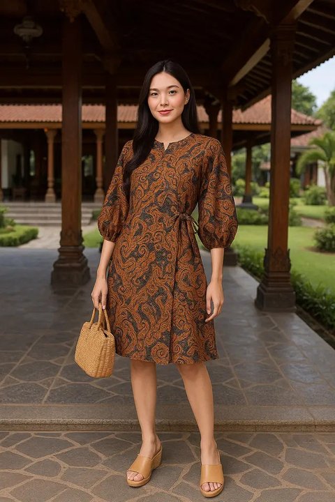 Gamis Batik Kombinasi Polos dengan Aksen Pita/Tali Pinggang. Foto: Meta AI