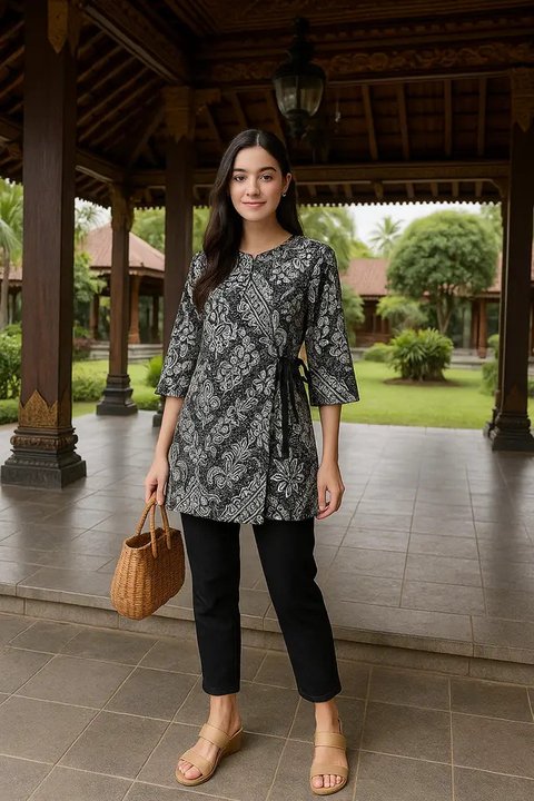 Gamis Batik Kombinasi Polos dengan Aksen Pita/Tali Pinggang. Foto: Meta AI