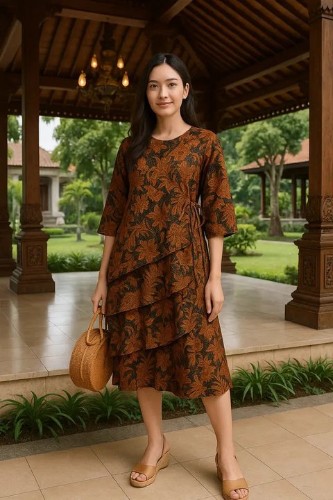 Gamis Batik Kombinasi Polos dengan Aksen Pita/Tali Pinggang. Foto: Meta AI