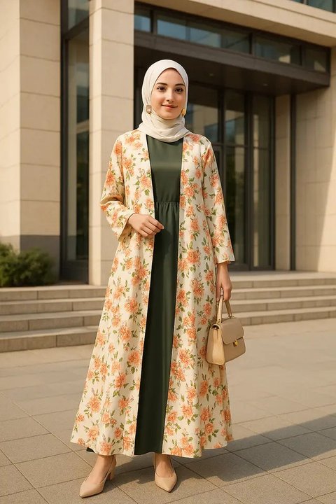 Model Gamis dengan Outer Motif Bunga (created by AI)