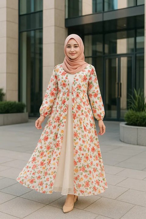 Model Gamis dengan Outer Motif Bunga (created by AI)