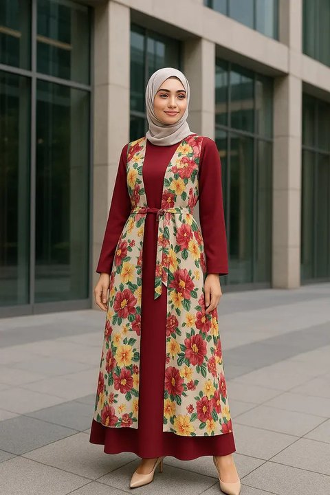 Model Gamis dengan Outer Motif Bunga (created by AI)