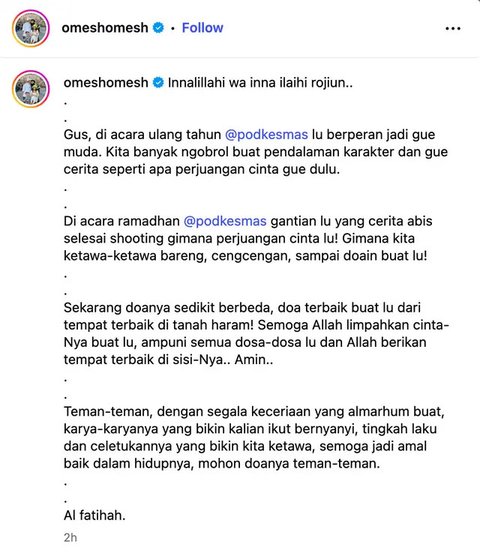 Ananda Omesh menyampaikan dukacita mendalam atas meninggalnya Gustiwiw, musisi muda berbakat yang dikenal dengan karya-karyanya yang menghibur. (Foto: Dok. Instagram @omeshomesh)