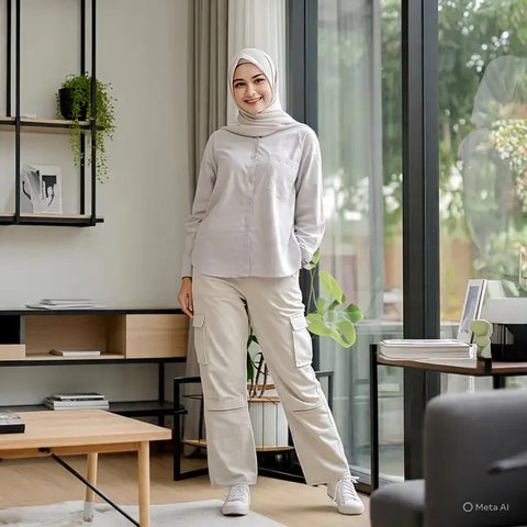 Outfit Cewek Pendek Hijab dengan Kaos Pendek dan Celana Cargo. Foto: Meta AI