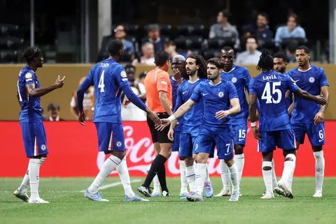 Pemain Chelsea merayakan gol yang dicetak Pedro Neto keg gawang Los Angeles FC di laga Grup D Piala Dunia Antarkub 2025 yang berlangsung di Mercedes-Benz Stadium, Selasa (17/6/2025) dini