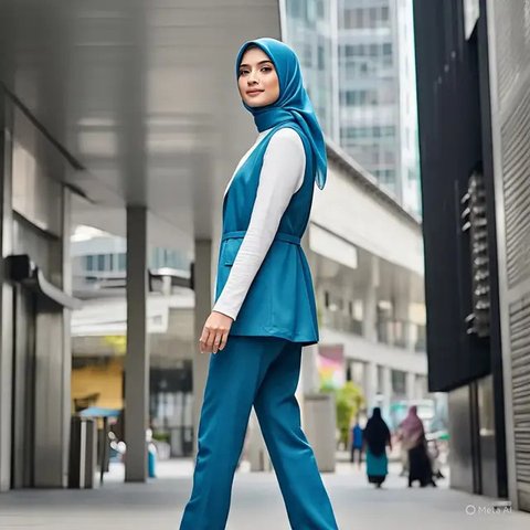 Ilustrasi muslimah memakai Vest, White Shirt, dan Celana Kulot (Created by Meta AI)