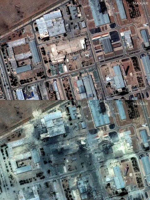 Kombinasi gambar yang dibuat pada tanggal 22 Juni 2025 menggunakan citra satelit yang dirilis oleh Maxar Technologies menunjukkan fasilitas pengayaan nuklir Isfahan milik Iran pada tanggal 16