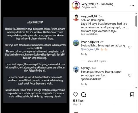 <p>Namun ternyata dalam unggahan terbarunya di Instagram, Veri menghadapi masalah kesehatan serius. Ia mengalami Ablasio Retina sehingga harus menjalani dioperasi.&nbsp;&nbsp;</p>