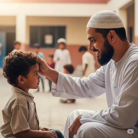 Seorang Pria Muslim Mengusap Kepala Anak Yatim. Foto: Gemini