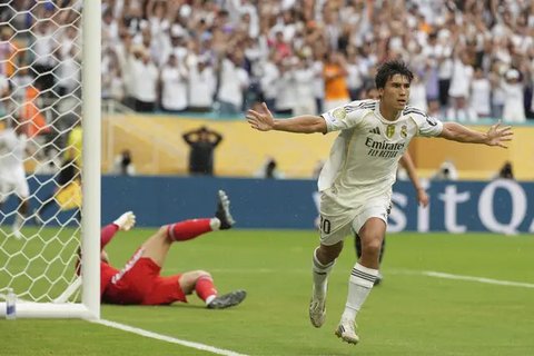 Gonzalo Garcia (Real Madrid) merayakan gol dalam laga babak 16 besar Piala Dunia Antarklub antara Real Madrid dan Juventus di Miami Gardens, 1 Juli 2025. (AP Photo/Rebecca Blackwell)