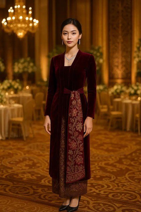 Model Kebaya Panjang dengan Selendang Ikat Samping Pinggang (created by AI)