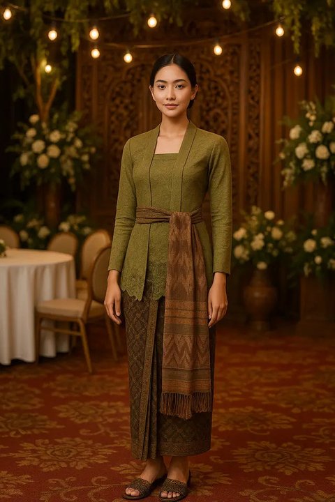 Model Kebaya Panjang dengan Selendang Ikat Samping Pinggang (created by AI)