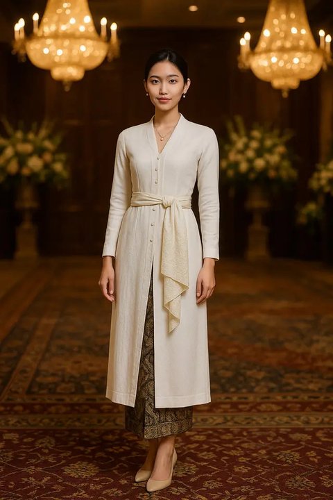 Model Kebaya Panjang dengan Selendang Ikat Samping Pinggang (created by AI)