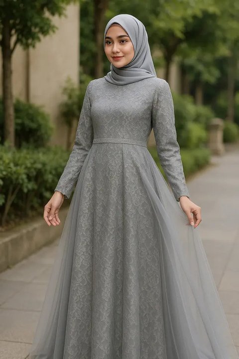 7 Model Gamis Brokat Warna Abu-Abu Kombinasi Terbaru, Simpel dan Elegan (sumber:AI)