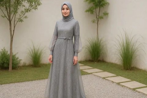 7 Model Gamis Brokat Warna Abu-Abu Kombinasi Terbaru, Simpel dan Elegan (sumber:AI)