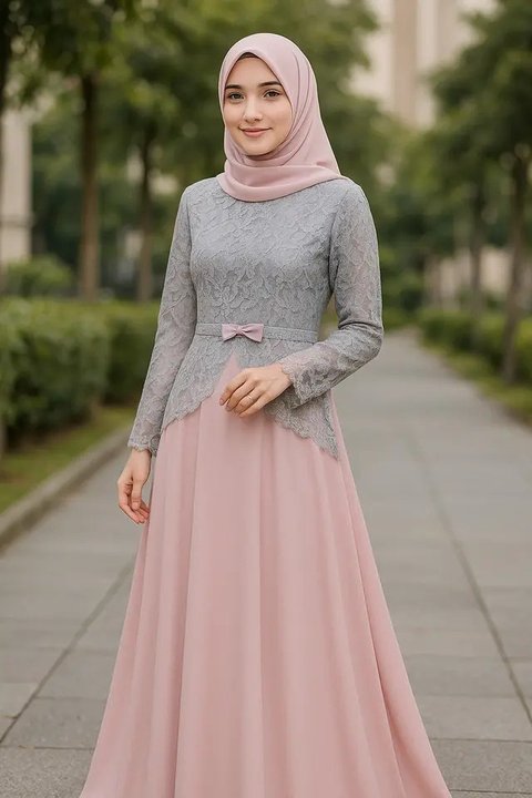 7 Model Gamis Brokat Warna Abu-Abu Kombinasi Terbaru, Simpel dan Elegan (sumber:AI)