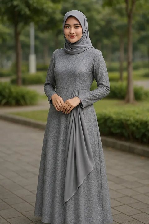 7 Model Gamis Brokat Warna Abu-Abu Kombinasi Terbaru, Simpel dan Elegan (sumber:AI)