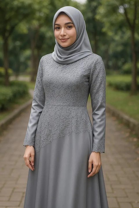 7 Model Gamis Brokat Warna Abu-Abu Kombinasi Terbaru, Simpel dan Elegan (sumber:AI)