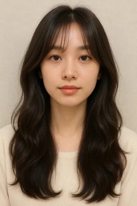 Gaya Layer Rambut Panjang dengan Poni Tipis Ala Korea. Foto: Meta AI