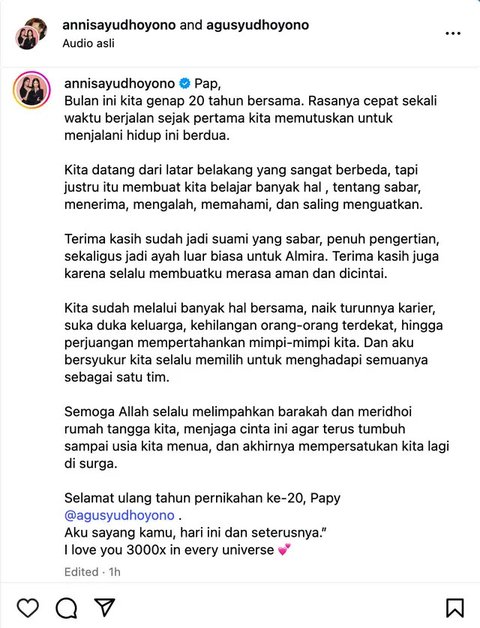 Annisa Pohan menulis pesan romantis untuk rayakan 20 tahun pernikahannya dengan Agus Yudhoyono (AHY). Ia berikrar mencintai hari ini dan seterusnya. (Foto: Dok. Instagram @annisayudhoyono)