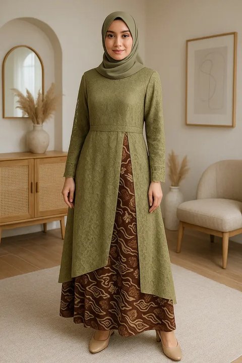 8 Model Gamis Brokat Kombinasi Batik Terbaru Tren 2025, Anggun dan Penuh Karakter (sumber:AI)