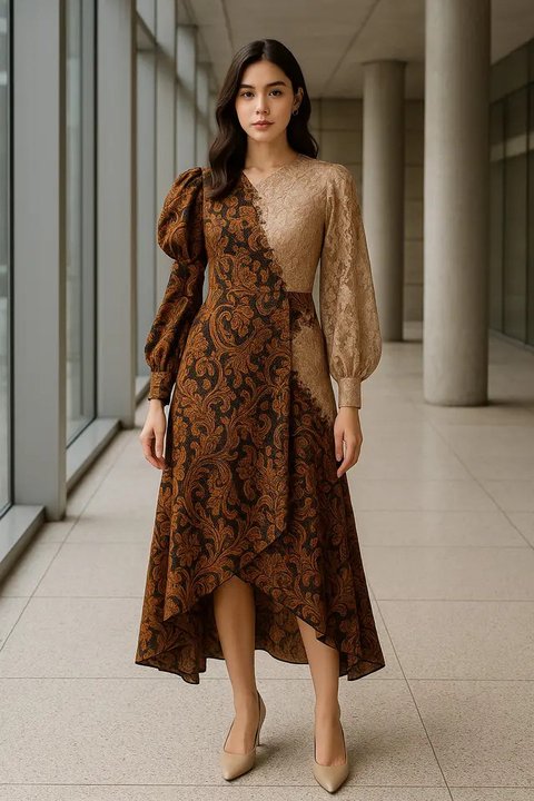 Model Batik Brokat Kombinasi Lengan Puff dan Bishop yang Sedang Hits (created by AI)