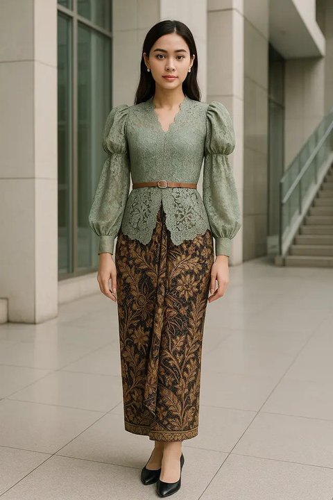 Model Batik Brokat Kombinasi Lengan Puff dan Bishop yang Sedang Hits (created by AI)