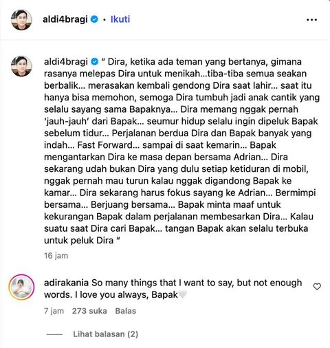 Mengunggah potret tengah memeluk putrinya, Siti Adira Kania yang resmi menikah, Aldi Bragi menulis surat terbuka berisi minta maaf atas segala kekurangan. (Foto: Dok. Instagram @aldi4bragi)
