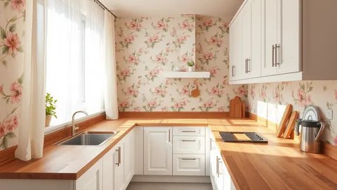 Desain dapur dengan tirai motif bunga. Ilustrasi QwenAI