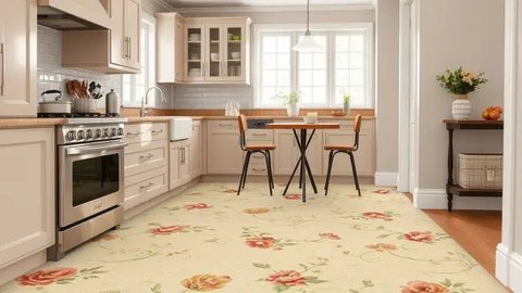 Desain dapur dengan tirai motif bunga. Ilustrasi QwenAI