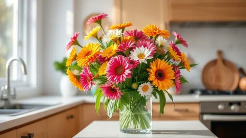 Desain dapur dengan tirai motif bunga. Ilustrasi QwenAI