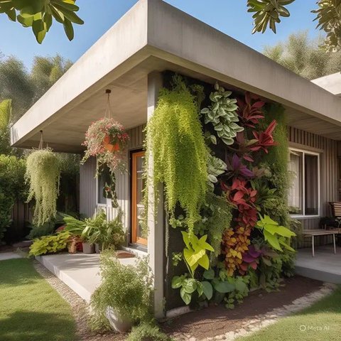 Model Depan Rumah Sederhana dengan Teras Terbuka dan Taman Hijau. Foto: Meta AI