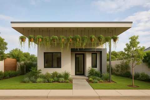 Model Depan Rumah Sederhana dengan Teras Terbuka dan Taman Hijau. Foto: Meta AI