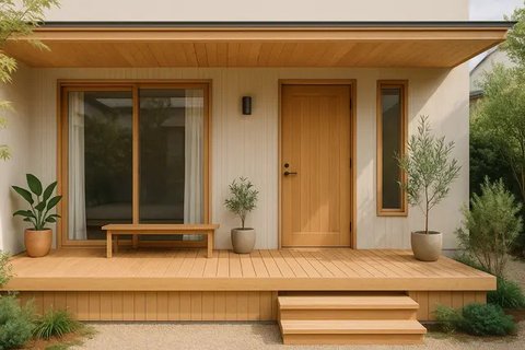 Model Depan Rumah Sederhana dengan Teras Terbuka dan Taman Hijau. Foto: Meta AI