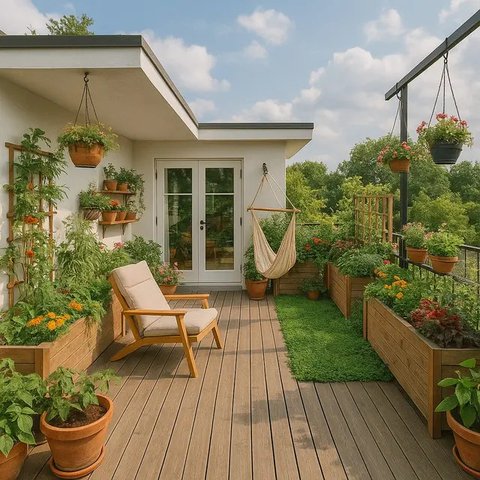 Model Depan Rumah Sederhana dengan Teras Terbuka dan Taman Hijau. Foto: Meta AI