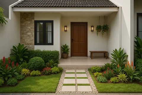 Model Depan Rumah Sederhana dengan Teras Terbuka dan Taman Hijau. Foto: Meta AI