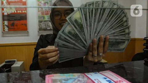 Petugas menghitung uang pecahan US$100 di pusat penukaran uang, Jakarta, , Rabu (12/8/2015). Reshuffle kabinet pemerintahan Jokowi-JK, nilai Rupiah terahadap Dollar AS hingga siang ini menemb