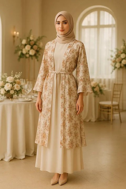 Model Long Dress Polos Kombinasi Outer Kimono (created by AI)